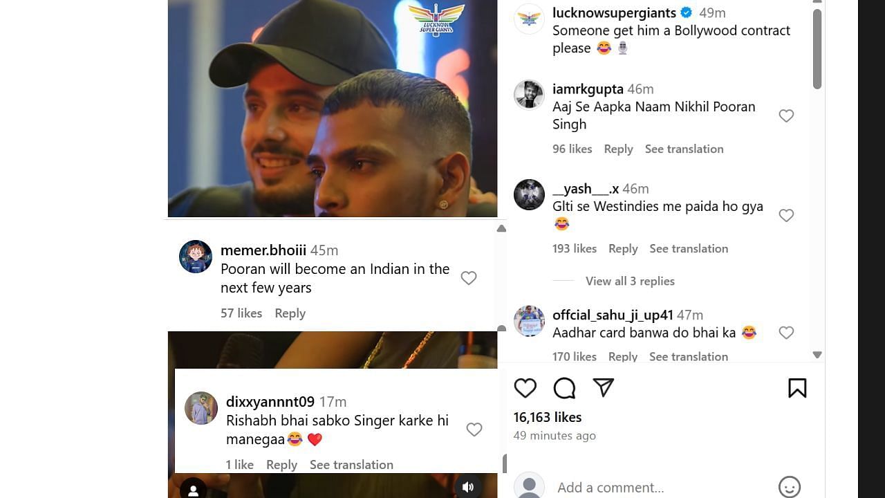 फैंस कमेंट (photo credit: instagram/lucknowsupergiants)